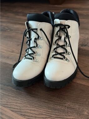 Women’s White Lace-Up Ankle Boots with Black Trim
